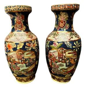 Elegant Matching Pair of Chinese Mid-Century Satsuma Porcelain Gilded 12" Vases